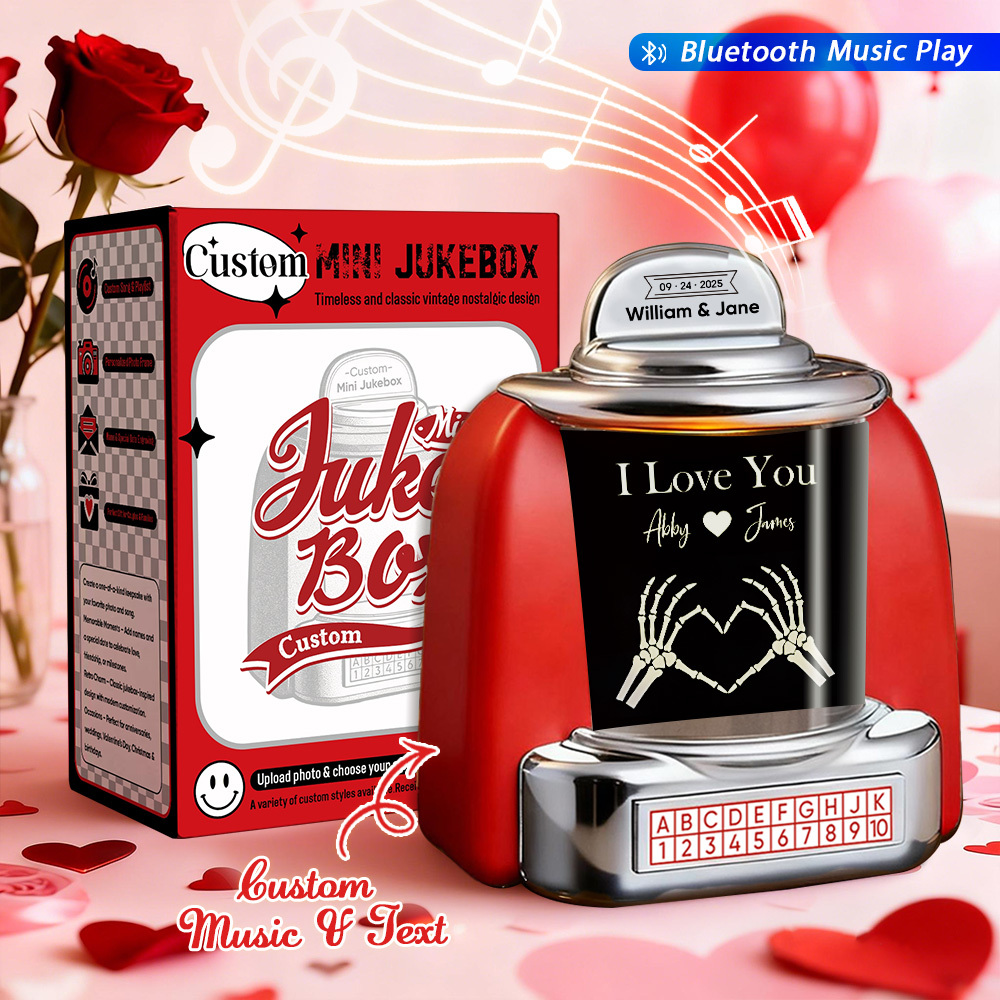 Custom Mini Jukebox Retro Speaker with Text & Bluetooth Music – Gift for Couples, Anniversary & Valentine's Day - MyPhotoSocksAu