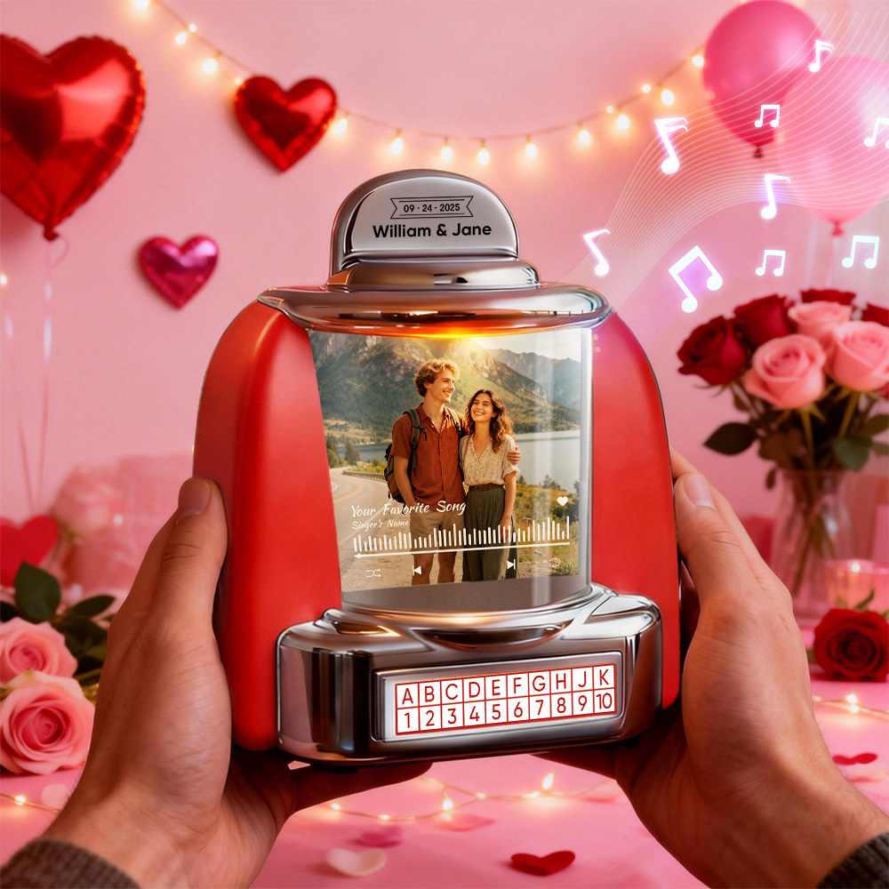 Custom Mini Jukebox with Photo & Bluetooth Music Player – Personalized Jukebox Gift for Couples, Anniversary, Valentine's Day & Home Decor - MyPhotoSocksAu