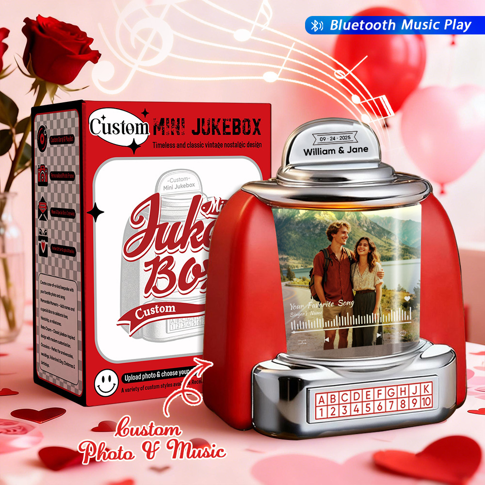 Custom Mini Jukebox with Photo & Bluetooth Music Player – Personalized Jukebox Gift for Couples, Anniversary, Valentine's Day & Home Decor - MyPhotoSocksAu