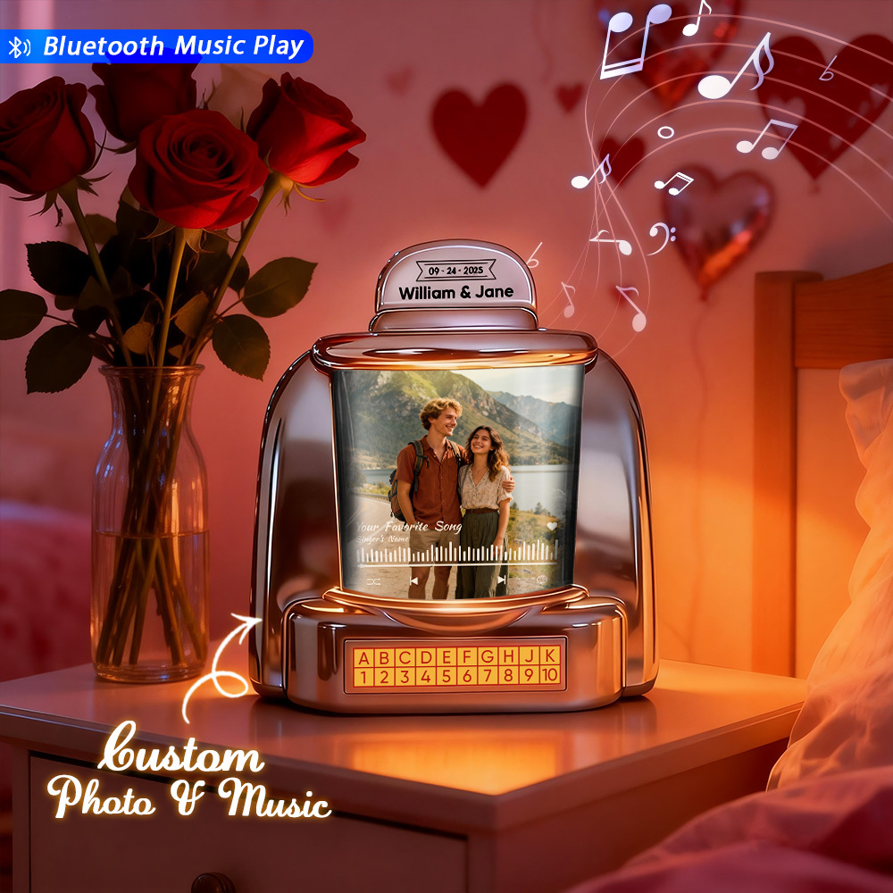 Custom Mini Jukebox with Photo & Bluetooth Music Player – Personalized Jukebox Gift for Couples, Anniversary, Valentine's Day & Home Decor - MyPhotoSocksAu