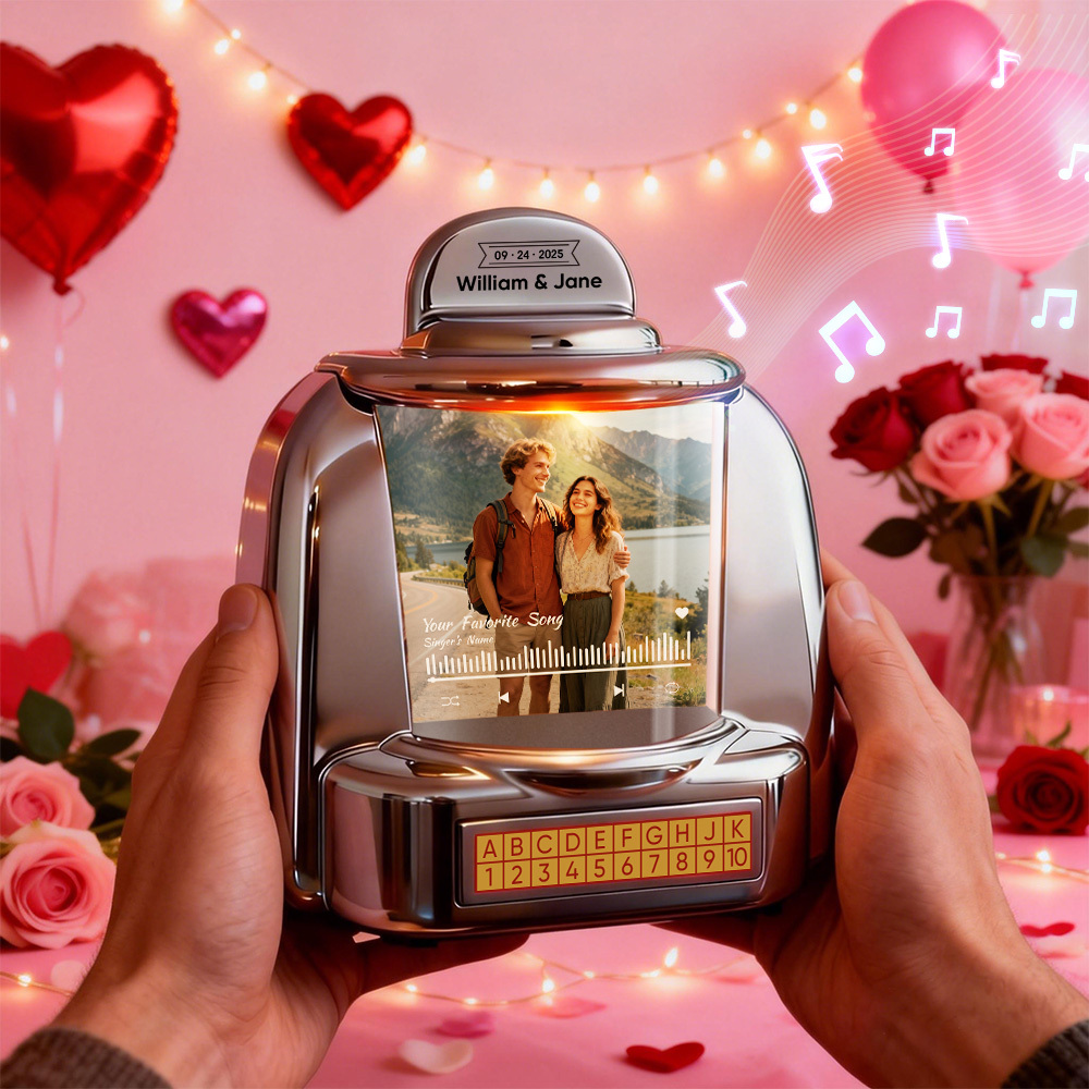 Custom Mini Jukebox with Photo & Bluetooth Music Player – Personalized Jukebox Gift for Couples, Anniversary, Valentine's Day & Home Decor - MyPhotoSocksAu