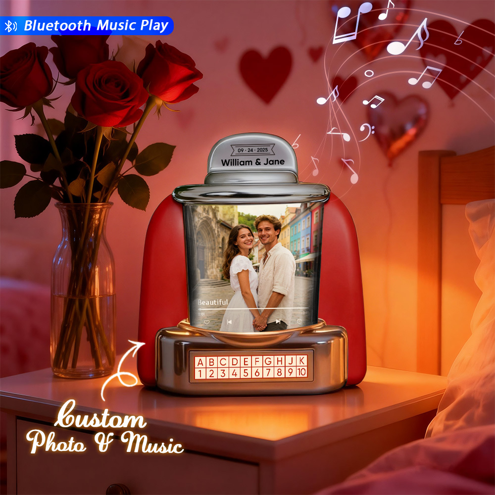 Custom Mini Jukebox with Photo & Bluetooth Music Player – Personalized Jukebox Gift for Couples, Romantic Moments, Anniversaries Valentine's Day & Home Decor - MyPhotoSocksAu