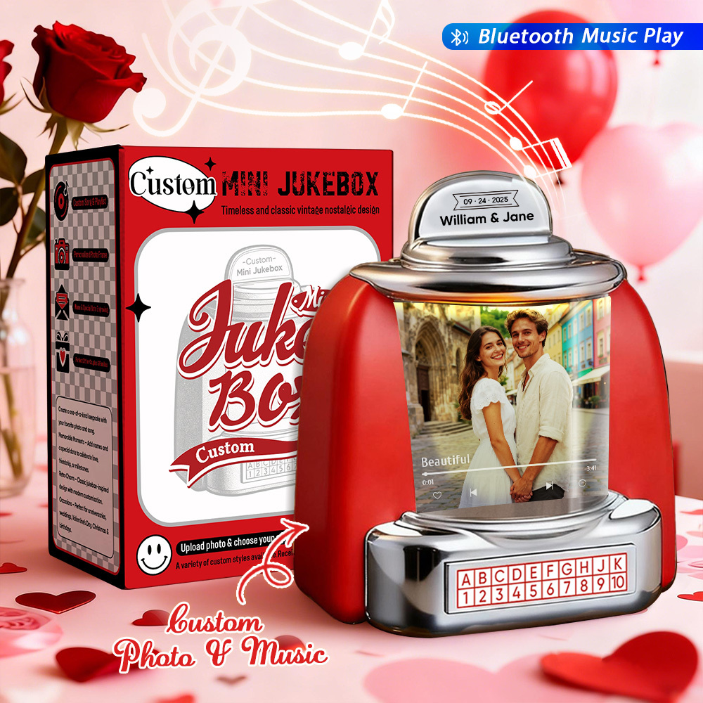 Custom Mini Jukebox with Photo & Bluetooth Music Player – Personalized Jukebox Gift for Couples, Romantic Moments, Anniversaries Valentine's Day & Home Decor - MyPhotoSocksAu