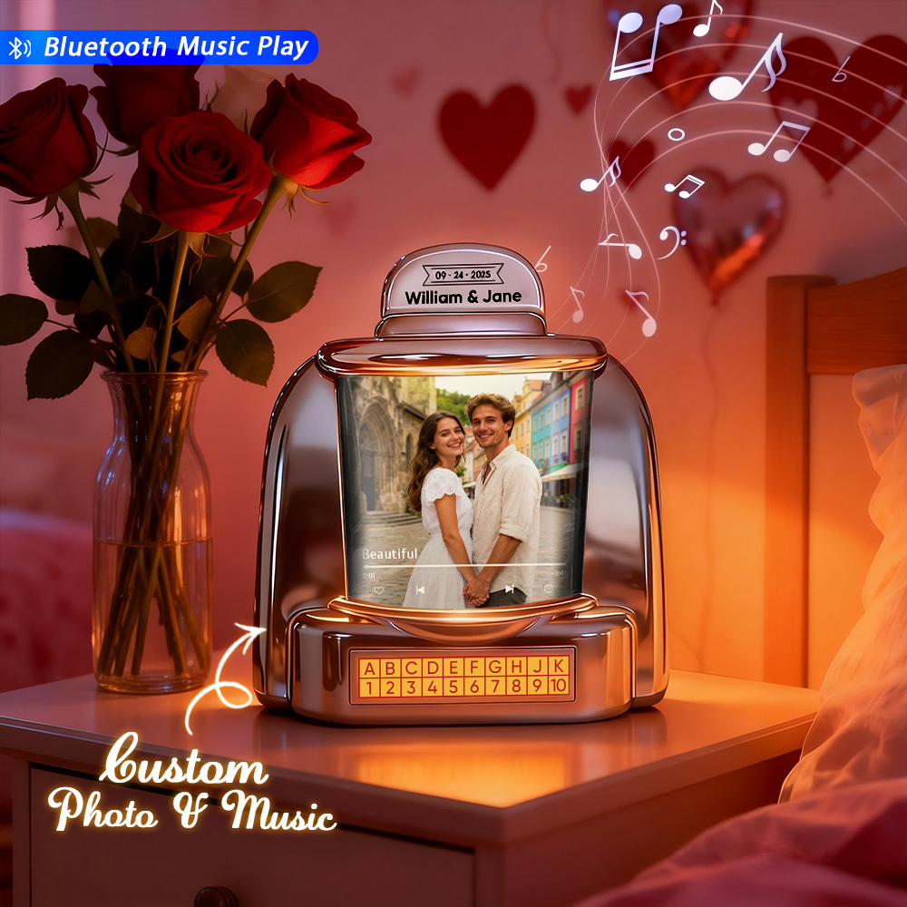 Custom Mini Jukebox with Photo & Bluetooth Music Player – Personalized Jukebox Gift for Couples, Romantic Moments, Anniversaries Valentine's Day & Home Decor - MyPhotoSocksAu