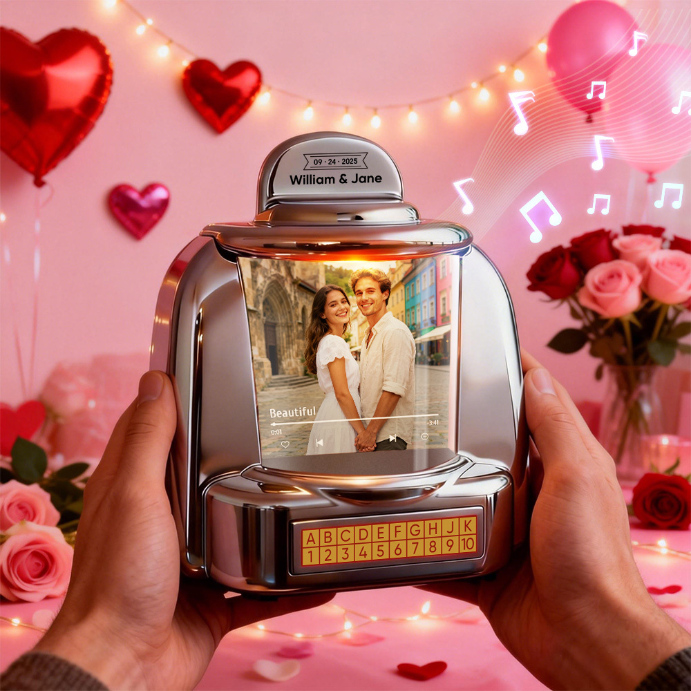 Custom Mini Jukebox with Photo & Bluetooth Music Player – Personalized Jukebox Gift for Couples, Romantic Moments, Anniversaries Valentine's Day & Home Decor - MyPhotoSocksAu