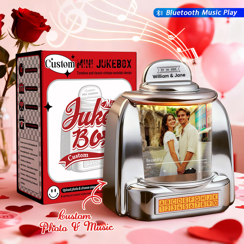 Custom Mini Jukebox with Photo & Bluetooth Music Player – Personalized Jukebox Gift for Couples, Romantic Moments, Anniversaries Valentine's Day & Home Decor - MyPhotoSocksAu