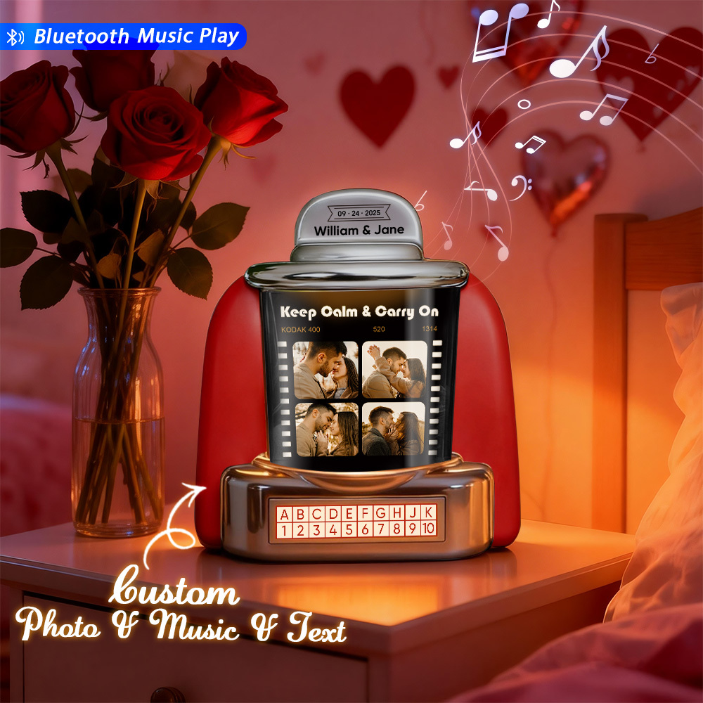 Custom Jukebox with Photo, Music & Text – Personalized Mini Bluetooth Jukebox Vintage Style Gift for Couples & Special Moments - MyPhotoSocksAu