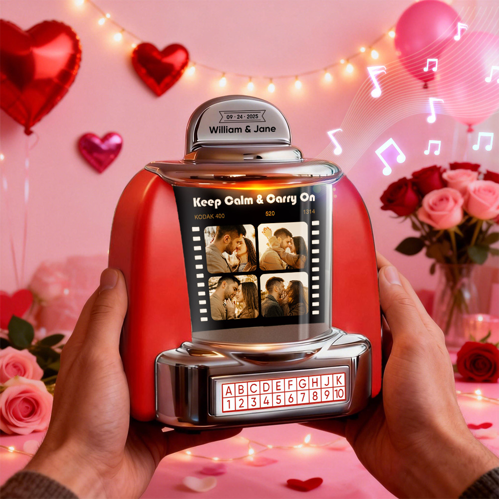 Custom Jukebox with Photo, Music & Text – Personalized Mini Bluetooth Jukebox Vintage Style Gift for Couples & Special Moments - MyPhotoSocksAu