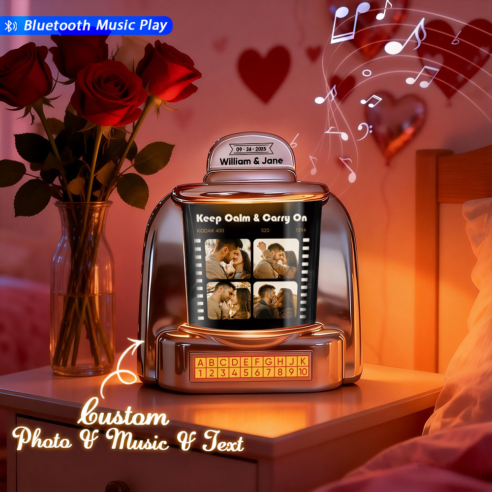 Custom Jukebox with Photo, Music & Text – Personalized Mini Bluetooth Jukebox Vintage Style Gift for Couples & Special Moments - MyPhotoSocksAu