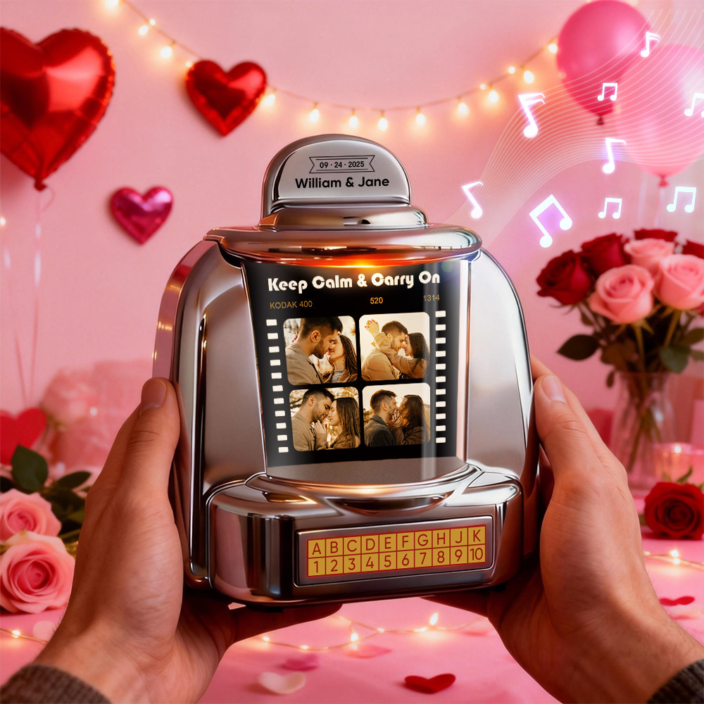 Custom Jukebox with Photo, Music & Text – Personalized Mini Bluetooth Jukebox Vintage Style Gift for Couples & Special Moments - MyPhotoSocksAu