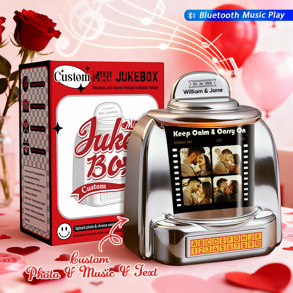Custom Jukebox with Photo, Music & Text – Personalized Mini Bluetooth Jukebox Vintage Style Gift for Couples & Special Moments - MyPhotoSocksAu