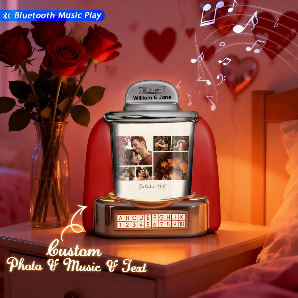 Custom Mini Jukebox Personalized Photos & Music Gift – Bluetooth Jukebox with Custom Text for Couples, Anniversary & Valentine's Day - MyPhotoSocksAu