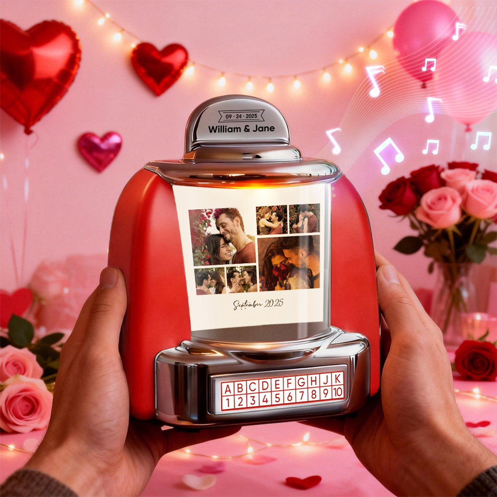 Custom Mini Jukebox Personalized Photos & Music Gift – Bluetooth Jukebox with Custom Text for Couples, Anniversary & Valentine's Day - MyPhotoSocksAu