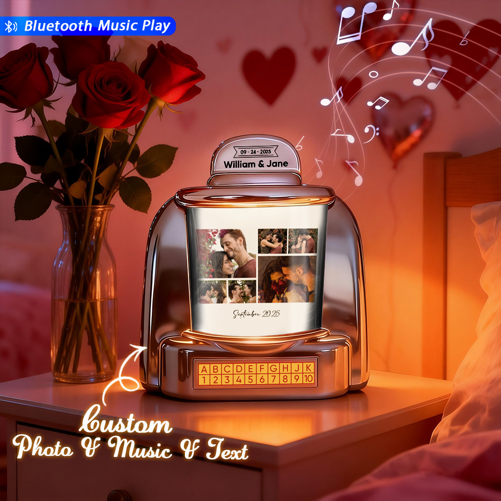 Custom Mini Jukebox Personalized Photos & Music Gift – Bluetooth Jukebox with Custom Text for Couples, Anniversary & Valentine's Day - MyPhotoSocksAu