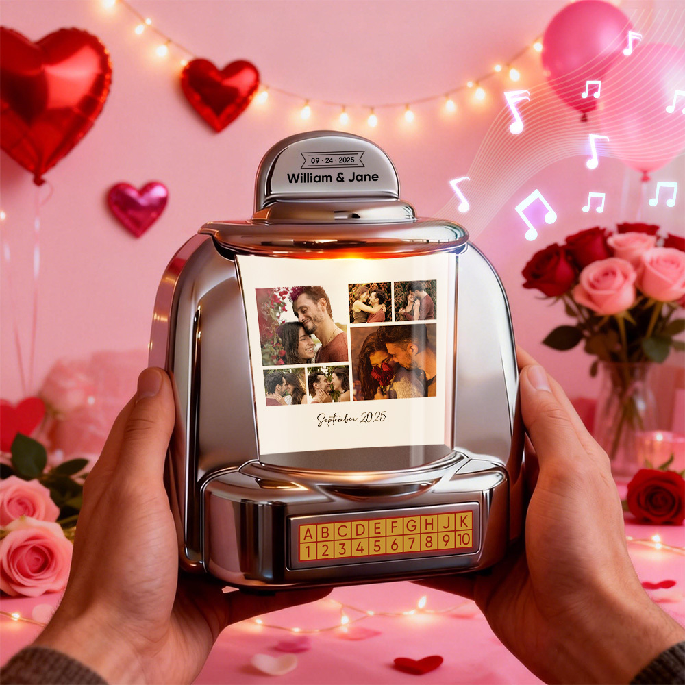 Custom Mini Jukebox Personalized Photos & Music Gift – Bluetooth Jukebox with Custom Text for Couples, Anniversary & Valentine's Day - MyPhotoSocksAu