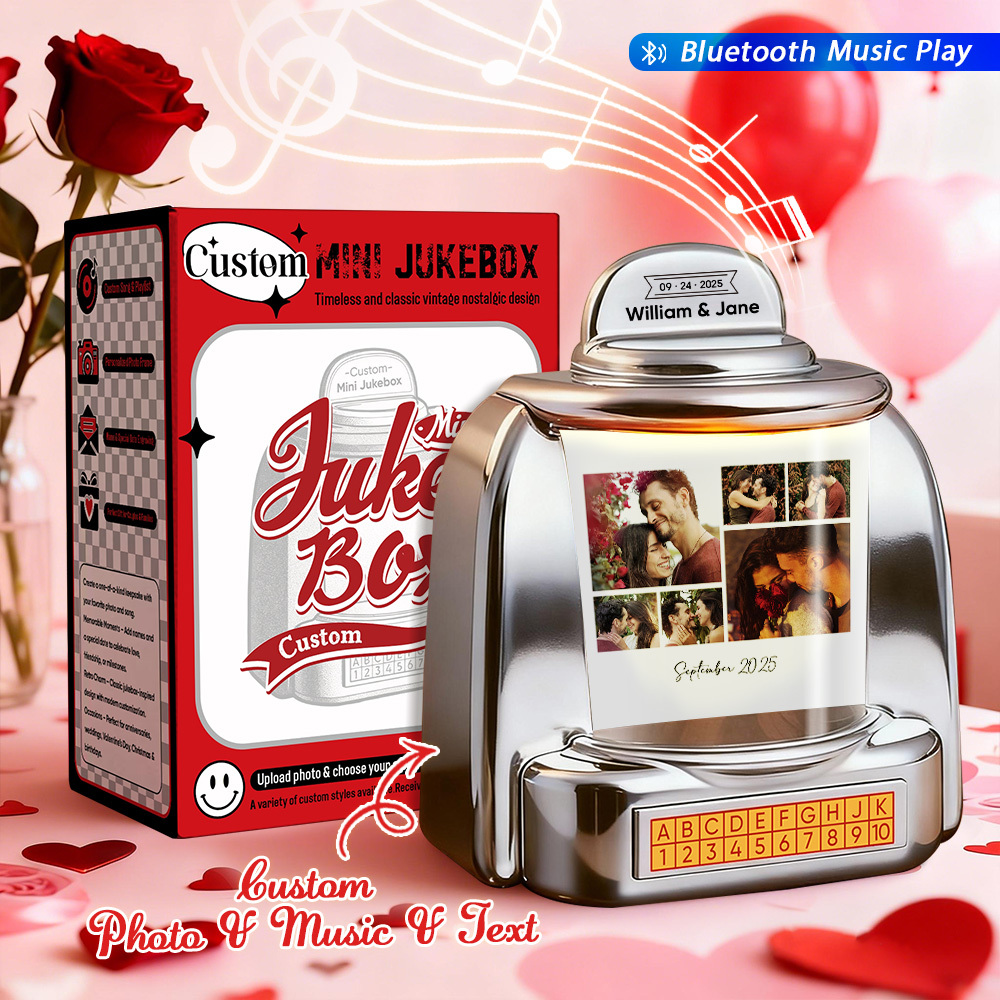 Custom Mini Jukebox Personalized Photos & Music Gift – Bluetooth Jukebox with Custom Text for Couples, Anniversary & Valentine's Day - MyPhotoSocksAu