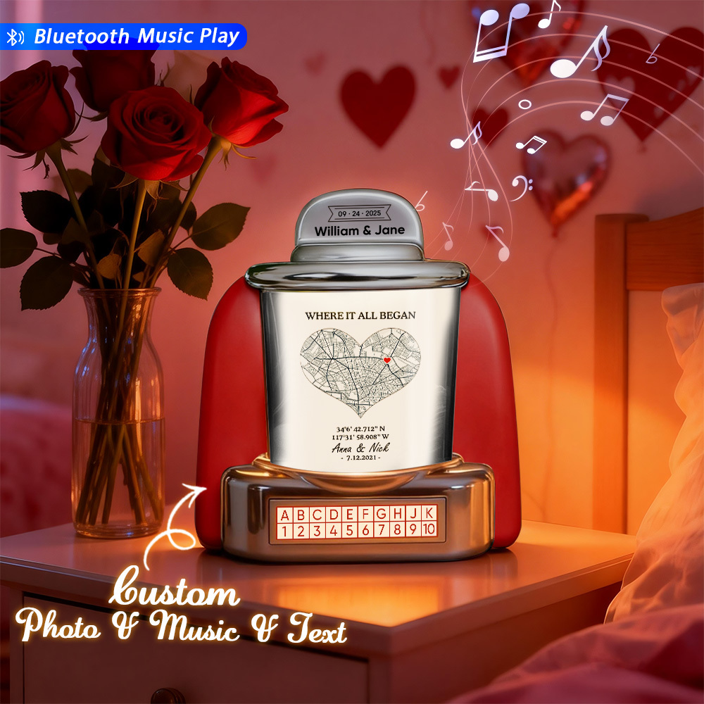Custom Mini Jukebox Personalized Love Memory Gift – Mini Bluetooth Jukebox with Photo, Text & Special Location Design - MyPhotoSocksAu