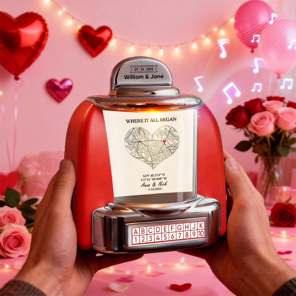 Custom Mini Jukebox Personalized Love Memory Gift – Mini Bluetooth Jukebox with Photo, Text & Special Location Design - MyPhotoSocksAu