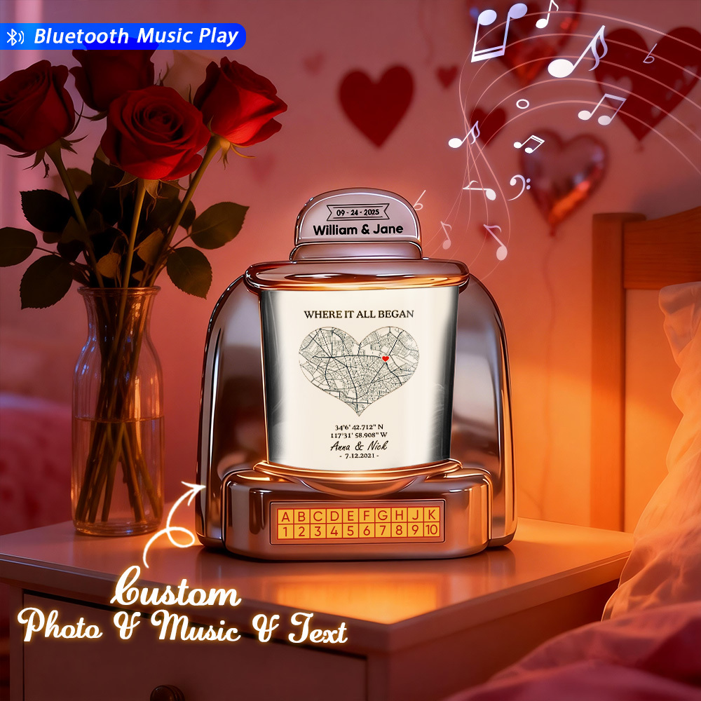 Custom Mini Jukebox Personalized Love Memory Gift – Mini Bluetooth Jukebox with Photo, Text & Special Location Design - MyPhotoSocksAu