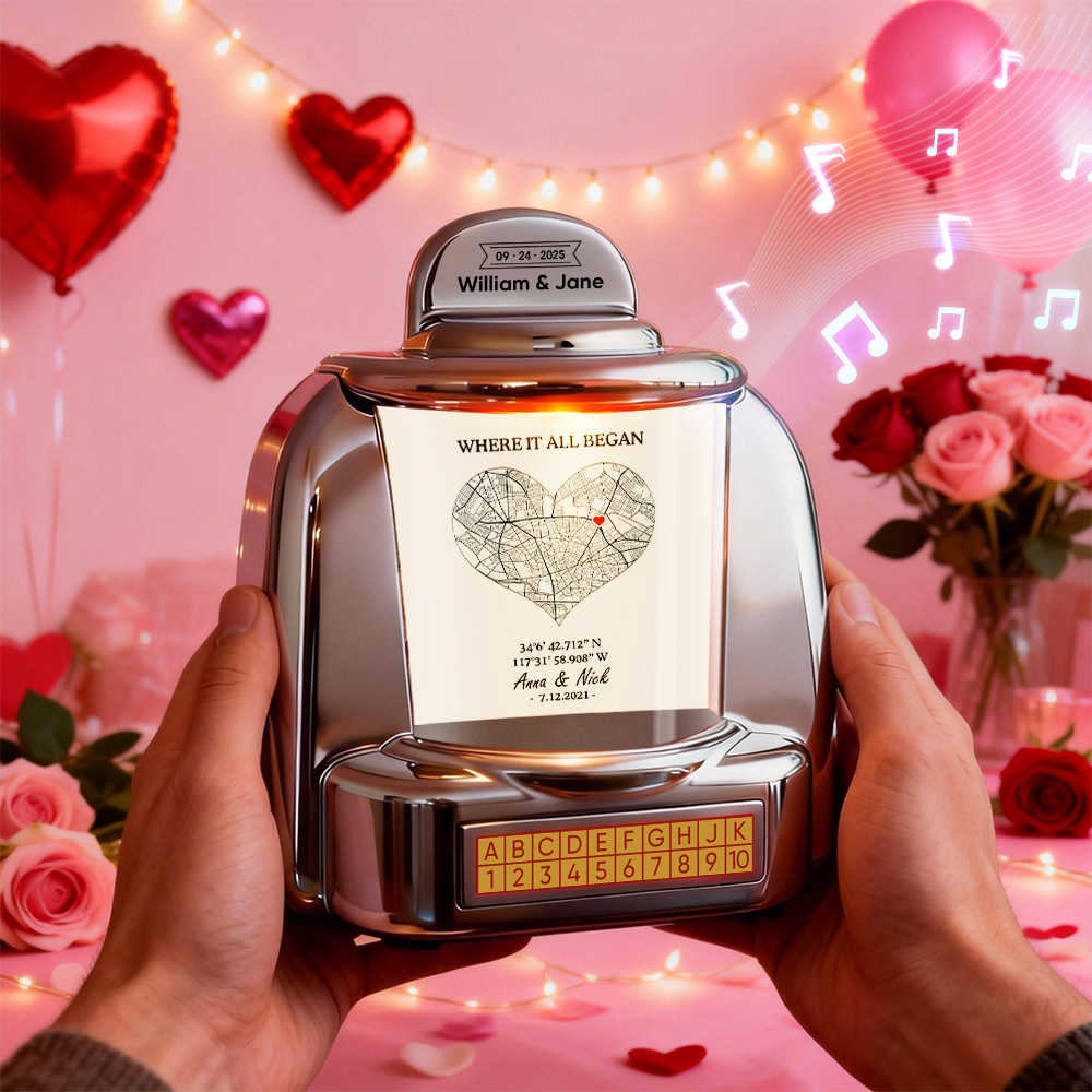Custom Mini Jukebox Personalized Love Memory Gift – Mini Bluetooth Jukebox with Photo, Text & Special Location Design - MyPhotoSocksAu