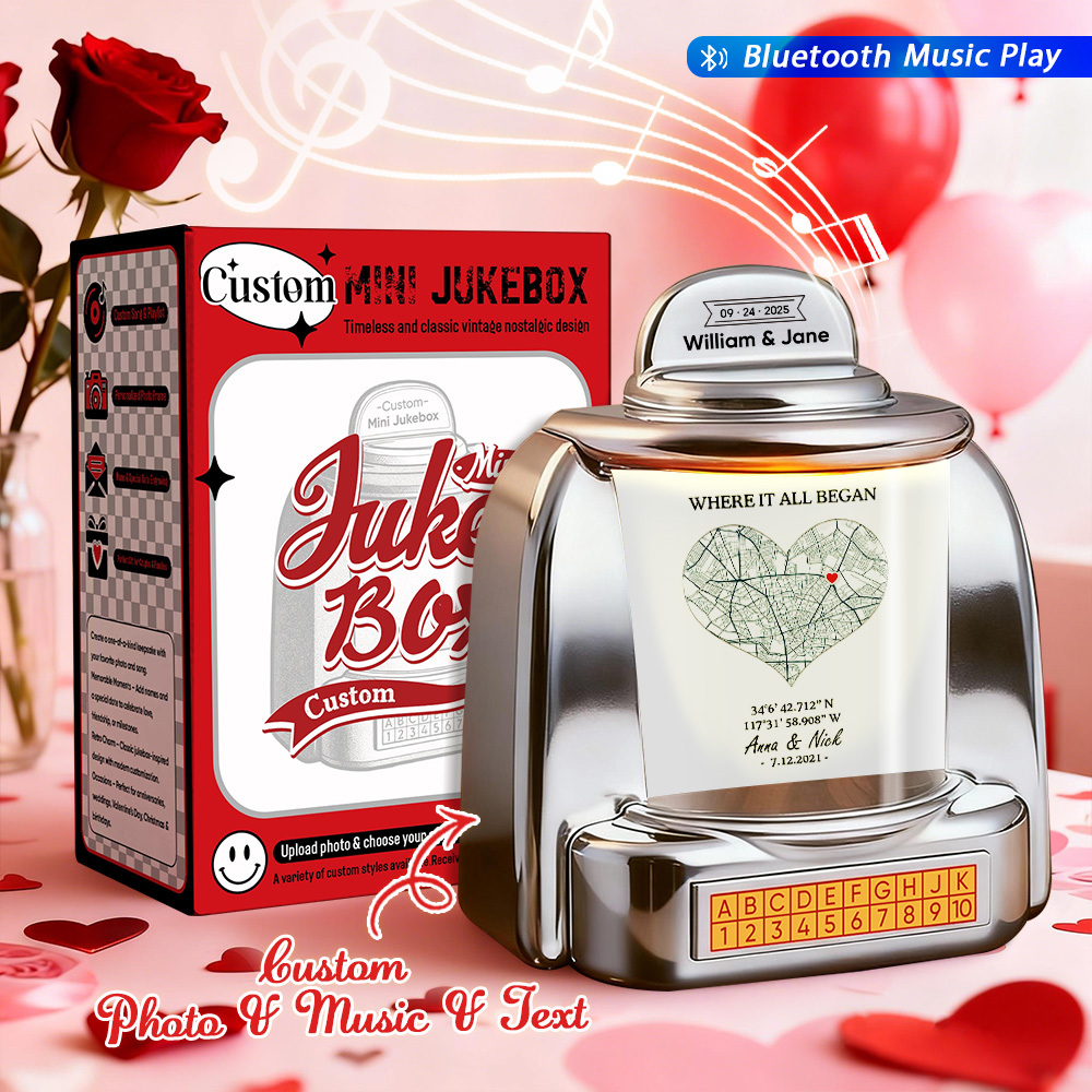 Custom Mini Jukebox Personalized Love Memory Gift – Mini Bluetooth Jukebox with Photo, Text & Special Location Design - MyPhotoSocksAu