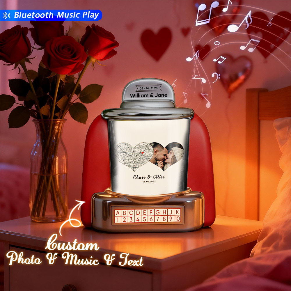 Custom Mini Jukebox Personalized Hearts Love Memory Gift – Mini Bluetooth Jukebox with Photo, Text & Special Design - MyPhotoSocksAu