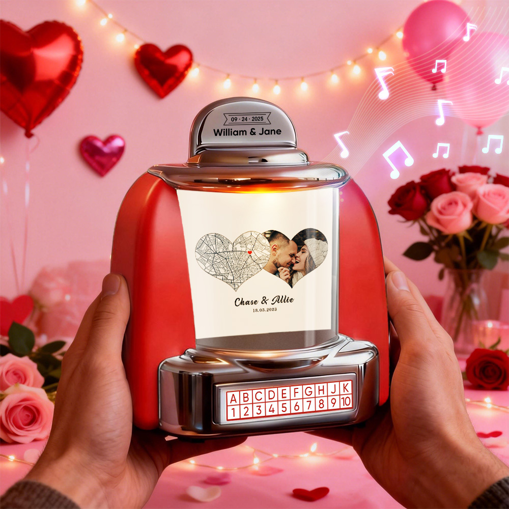 Custom Mini Jukebox Personalized Hearts Love Memory Gift – Mini Bluetooth Jukebox with Photo, Text & Special Design - MyPhotoSocksAu