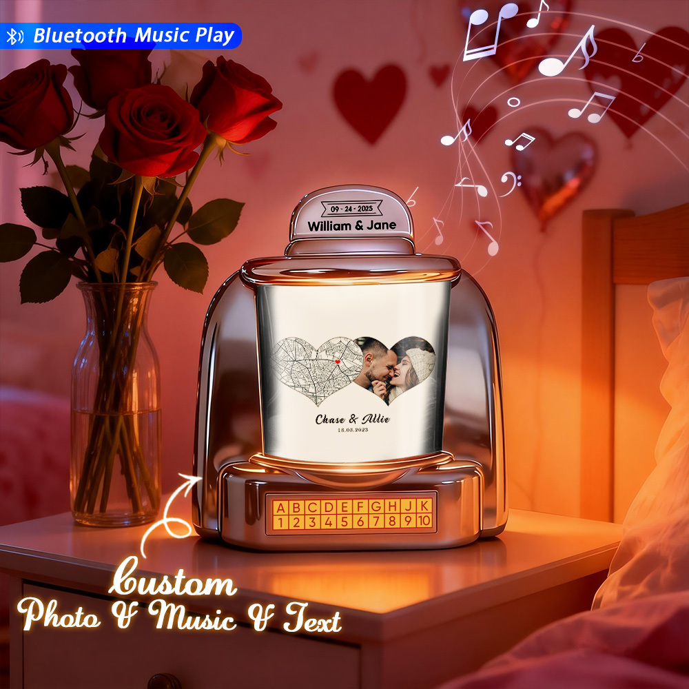 Custom Mini Jukebox Personalized Hearts Love Memory Gift – Mini Bluetooth Jukebox with Photo, Text & Special Design - MyPhotoSocksAu