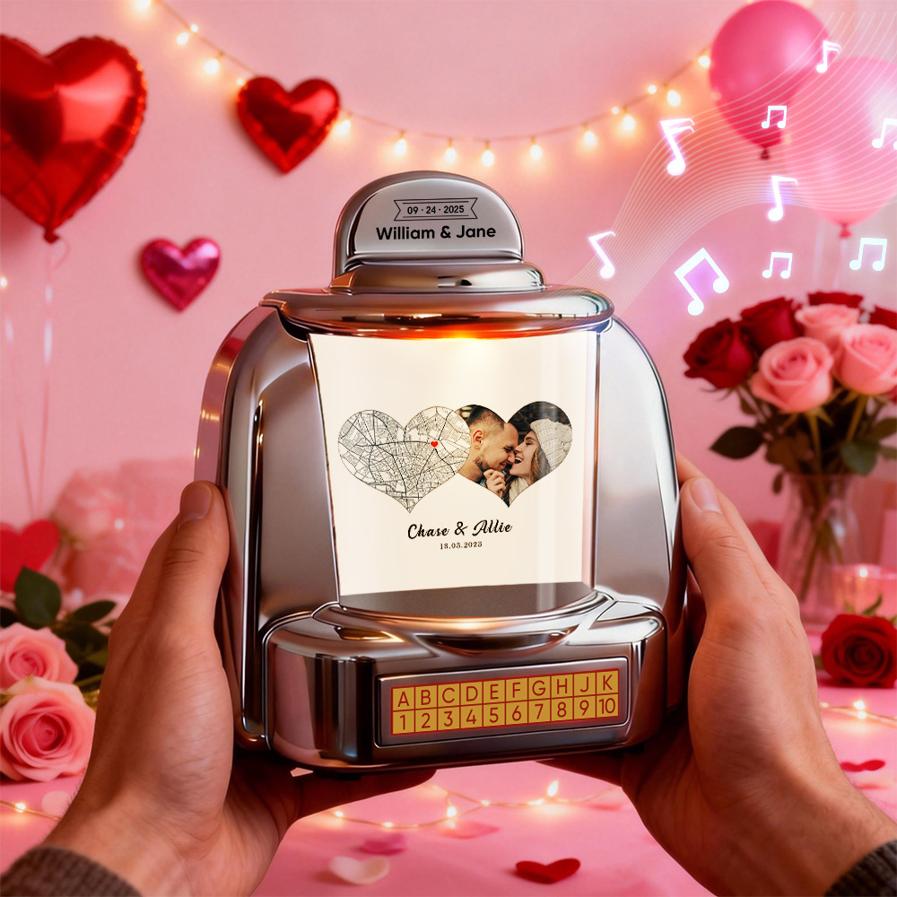 Custom Mini Jukebox Personalized Hearts Love Memory Gift – Mini Bluetooth Jukebox with Photo, Text & Special Design - MyPhotoSocksAu