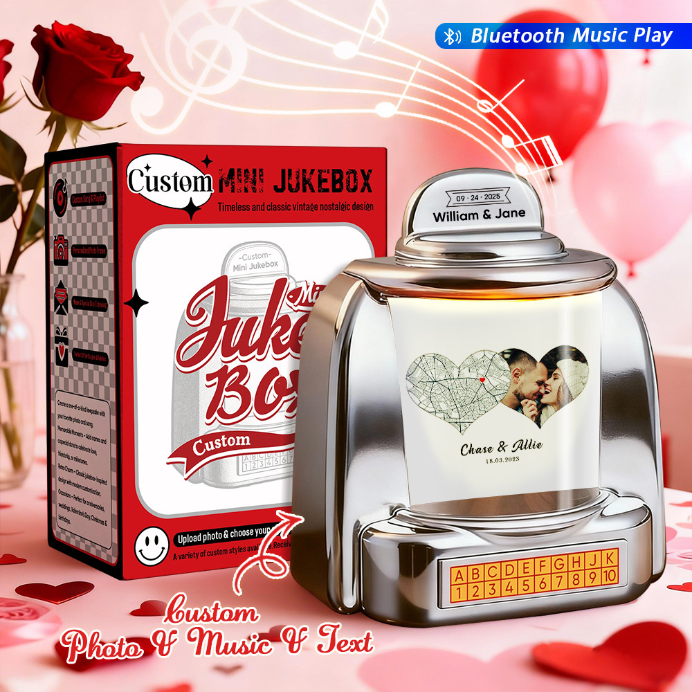 Custom Mini Jukebox Personalized Hearts Love Memory Gift – Mini Bluetooth Jukebox with Photo, Text & Special Design - MyPhotoSocksAu