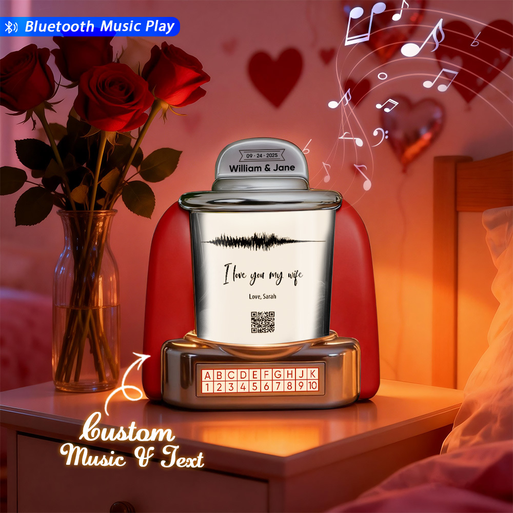 Custom Mini Jukebox with QR Code & Sound Wave – Personalized Bluetooth Jukebox with Photo, Music & Text Gift for Couples - MyPhotoSocksAu