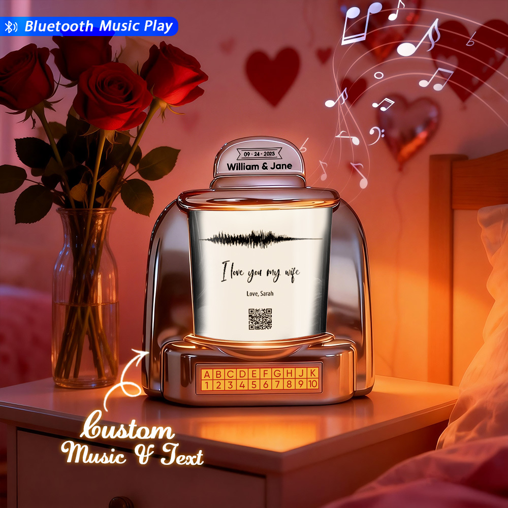 Custom Mini Jukebox with QR Code & Sound Wave – Personalized Bluetooth Jukebox with Photo, Music & Text Gift for Couples - MyPhotoSocksAu