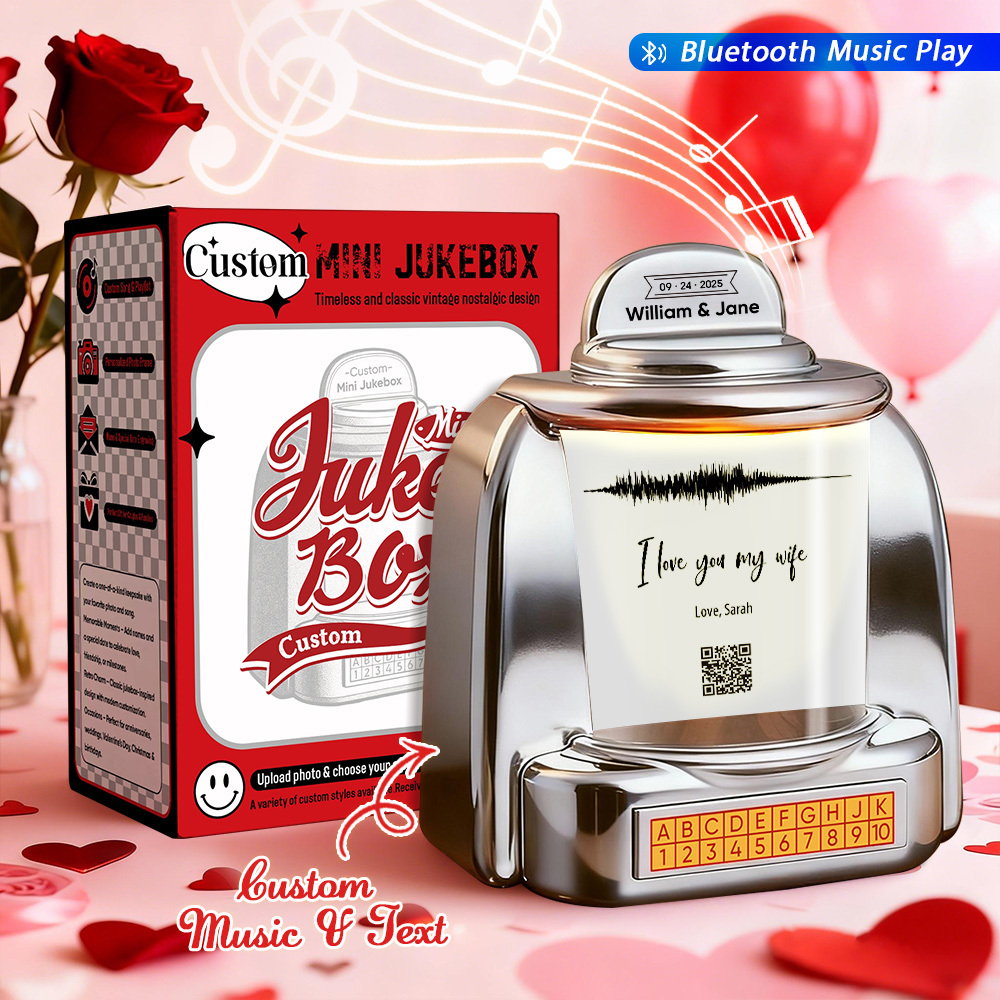Custom Mini Jukebox with QR Code & Sound Wave – Personalized Bluetooth Jukebox with Photo, Music & Text Gift for Couples - MyPhotoSocksAu