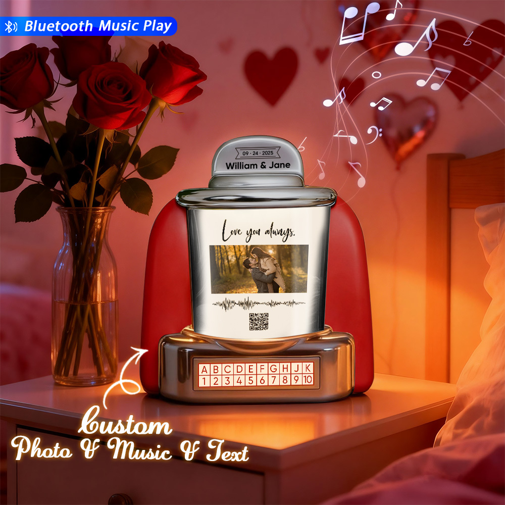 Custom Mini Jukebox with Photo & QR Code & Sound Wave – Personalized Bluetooth Jukebox with Photo, Music & Text Gift for Couples - MyPhotoSocksAu