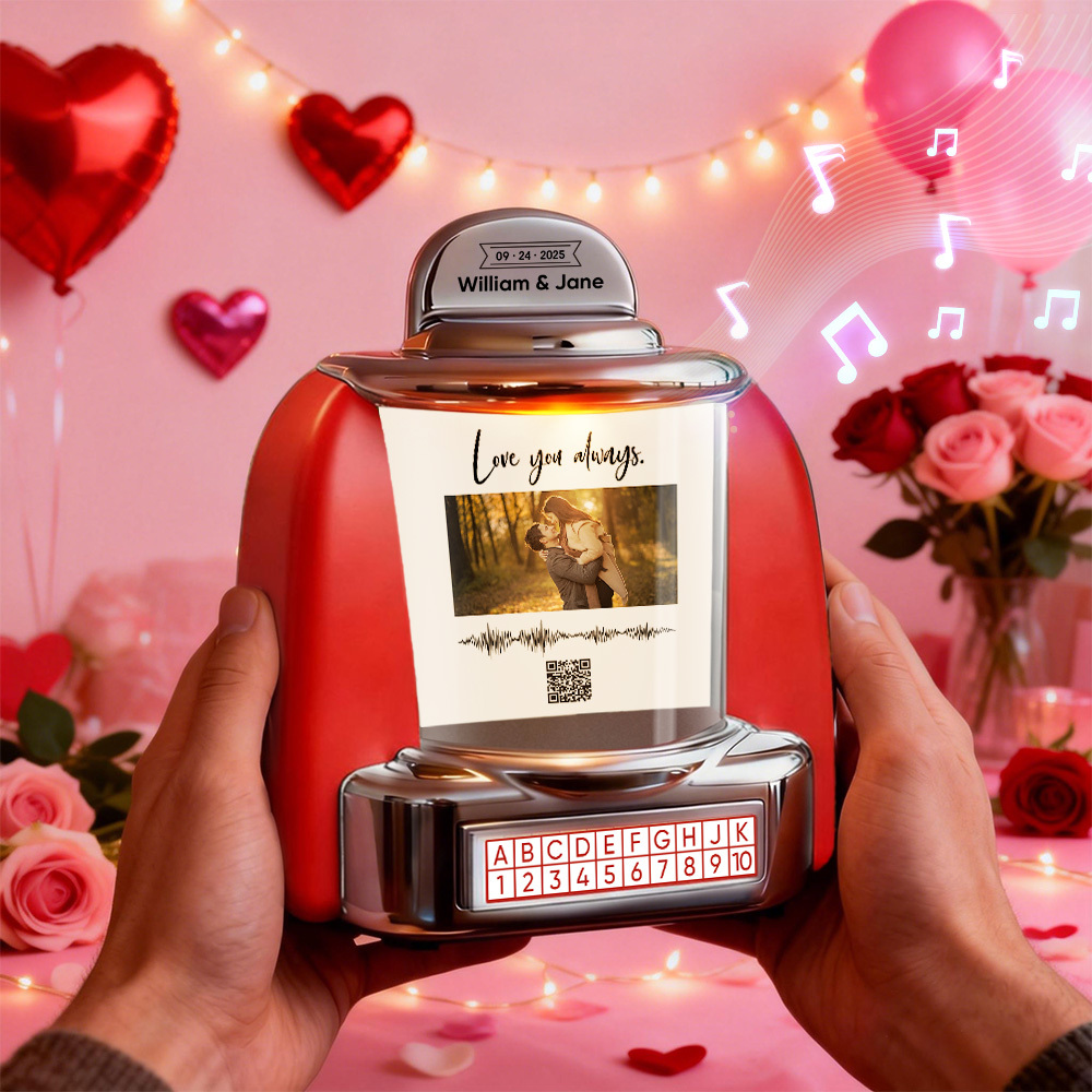 Custom Mini Jukebox with Photo & QR Code & Sound Wave – Personalized Bluetooth Jukebox with Photo, Music & Text Gift for Couples - MyPhotoSocksAu