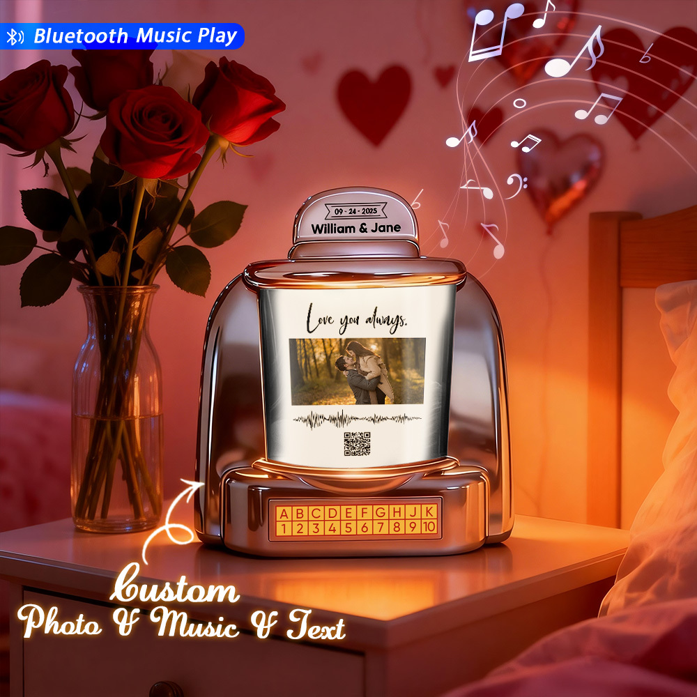 Custom Mini Jukebox with Photo & QR Code & Sound Wave – Personalized Bluetooth Jukebox with Photo, Music & Text Gift for Couples - MyPhotoSocksAu