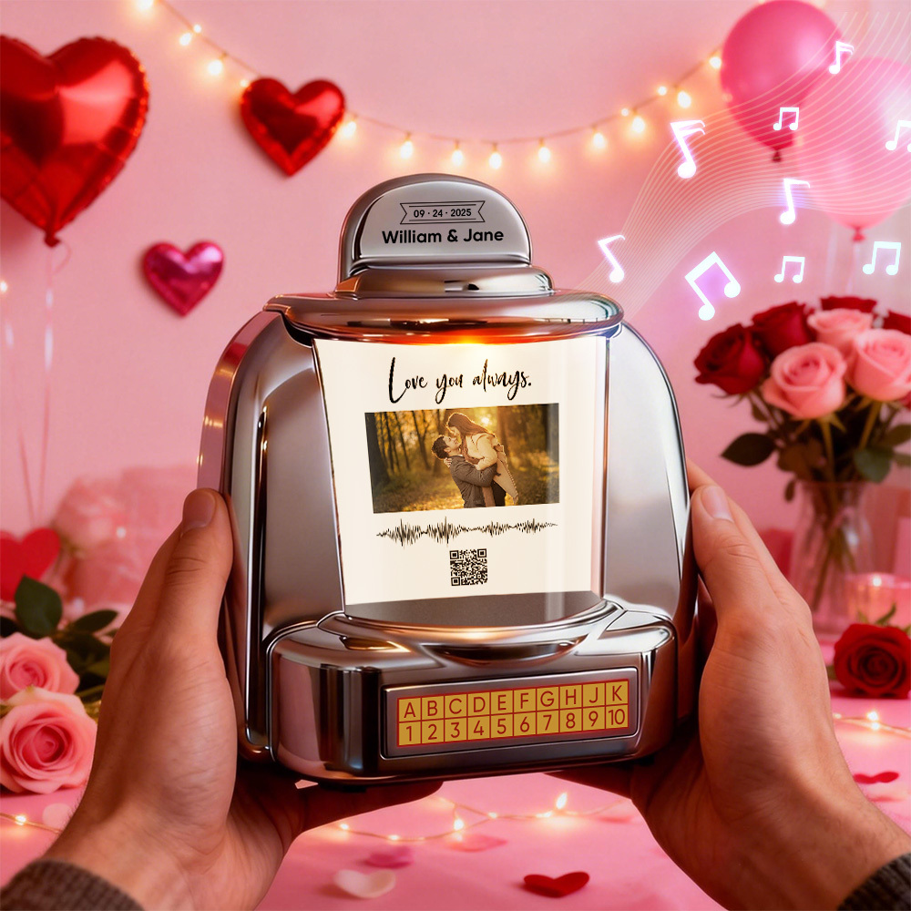 Custom Mini Jukebox with Photo & QR Code & Sound Wave – Personalized Bluetooth Jukebox with Photo, Music & Text Gift for Couples - MyPhotoSocksAu