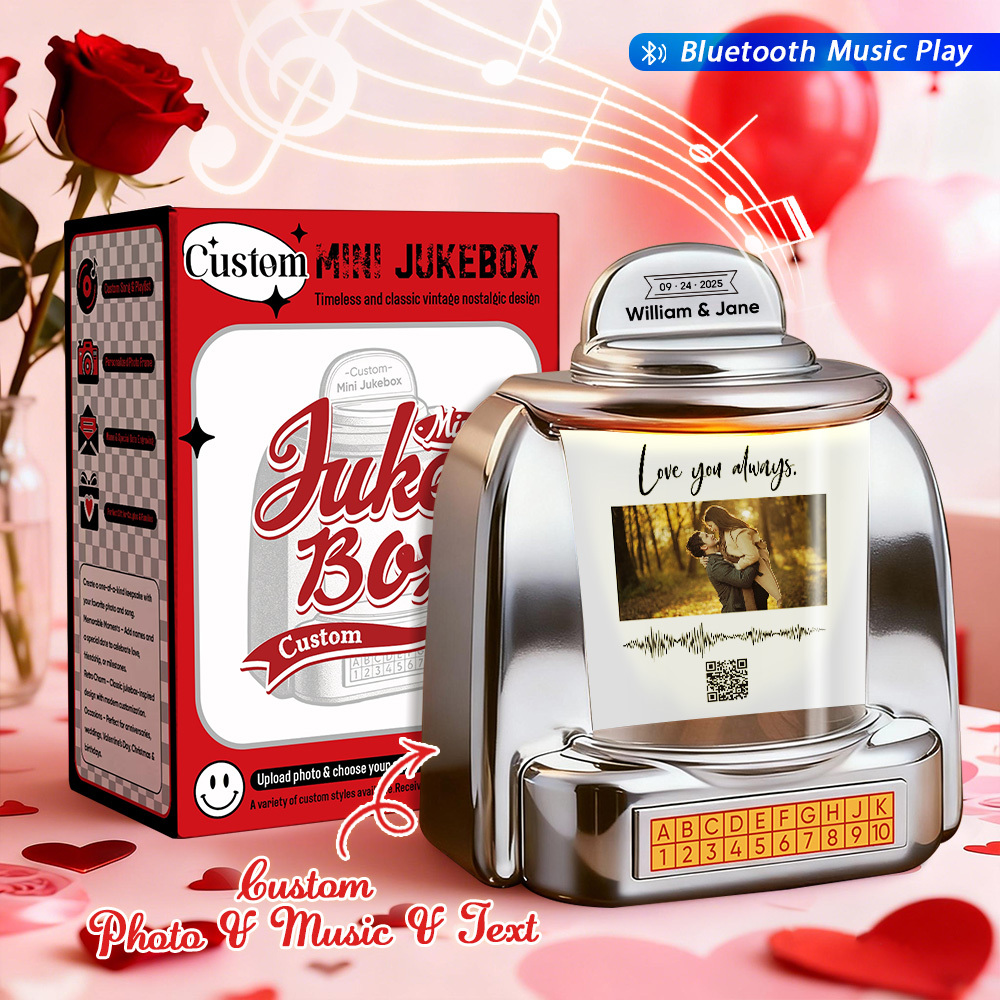 Custom Mini Jukebox with Photo & QR Code & Sound Wave – Personalized Bluetooth Jukebox with Photo, Music & Text Gift for Couples - MyPhotoSocksAu