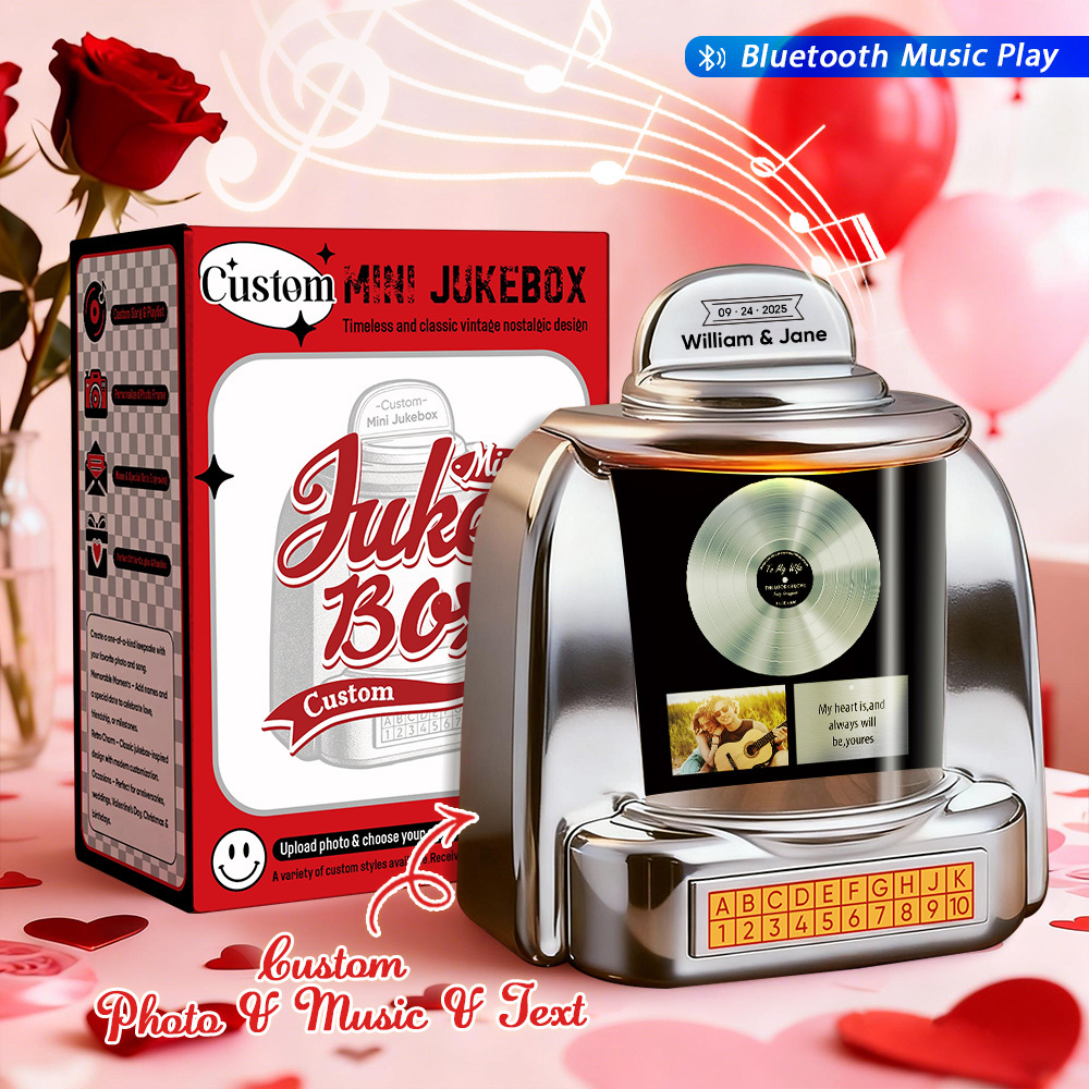 Custom Mini Jukebox with Photo Vintage Personalized Bluetooth Jukebox with Photo, Music & Text Gift for Couples - MyPhotoSocksAu