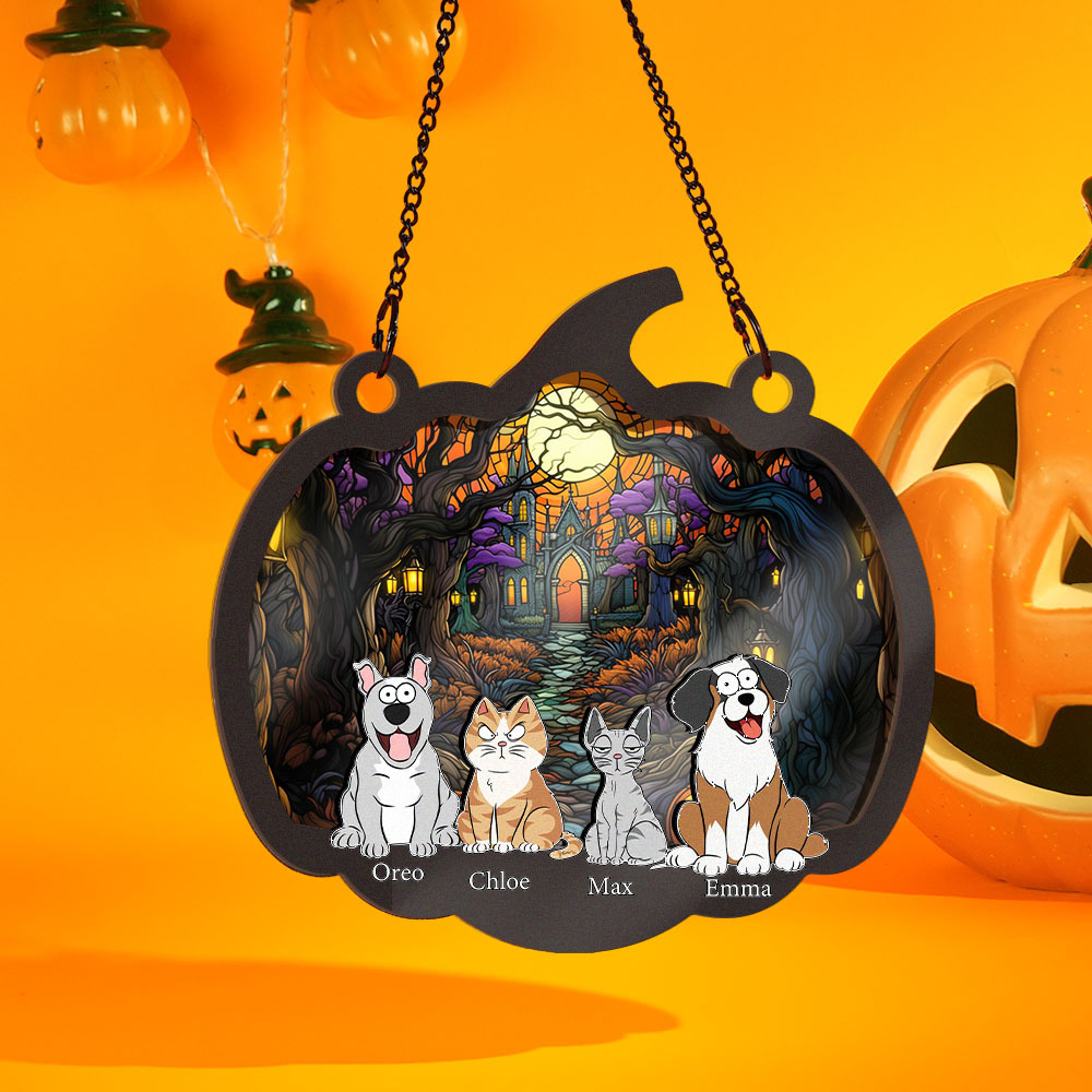 Happy Halloween With Fur Babies - Personalized Window Hanging Suncatcher Ornament - MyPhotoSocksAu