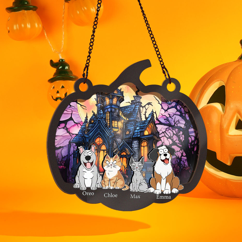 Happy Halloween With Fur Babies - Personalized Window Hanging Suncatcher Ornament - MyPhotoSocksAu