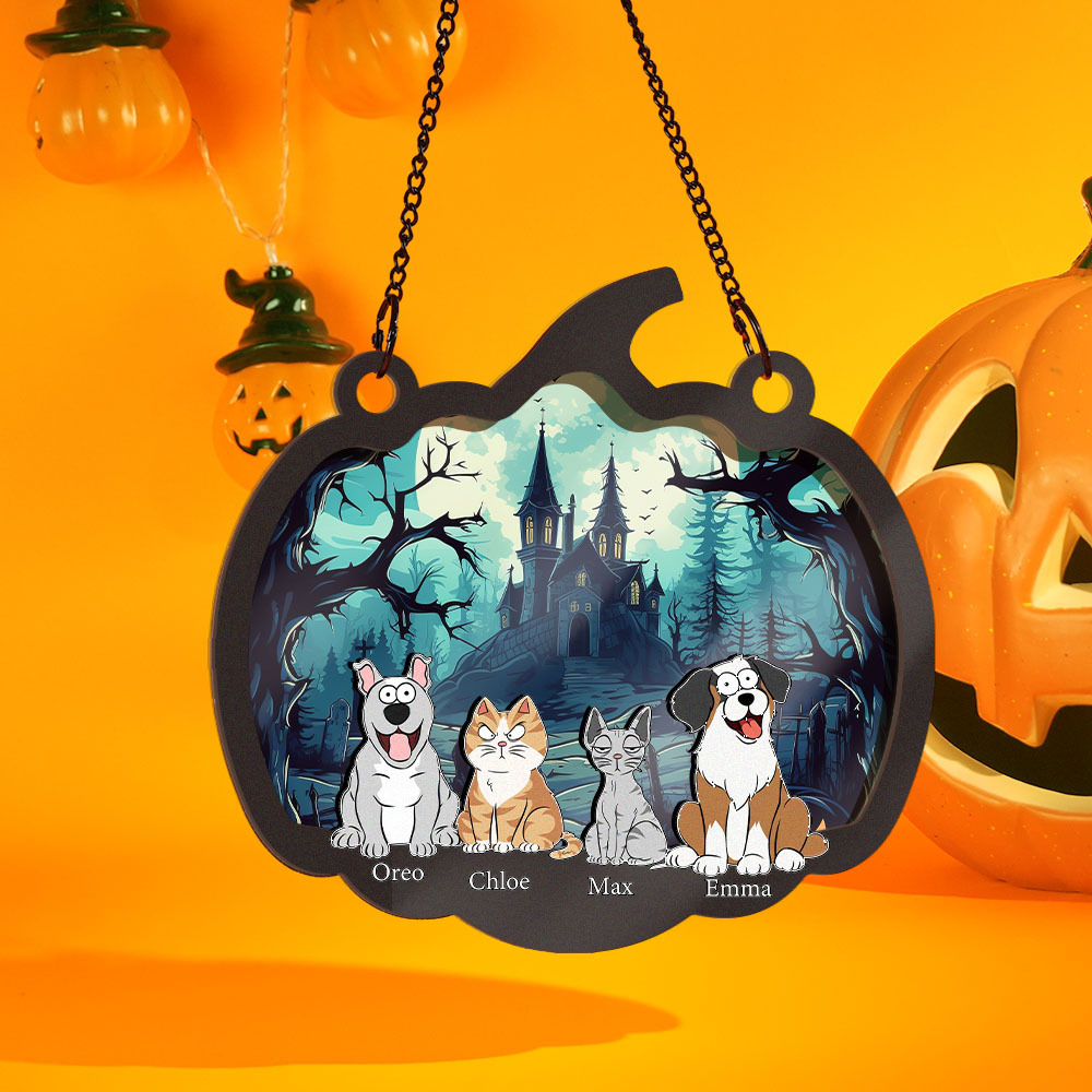 Happy Halloween With Fur Babies - Personalized Window Hanging Suncatcher Ornament - MyPhotoSocksAu