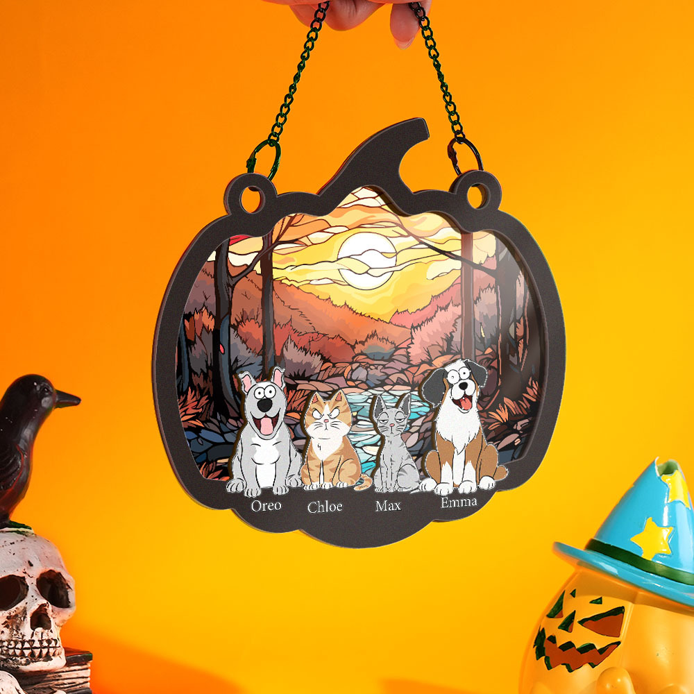 Happy Halloween With Fur Babies - Personalized Window Hanging Suncatcher Ornament - MyPhotoSocksAu