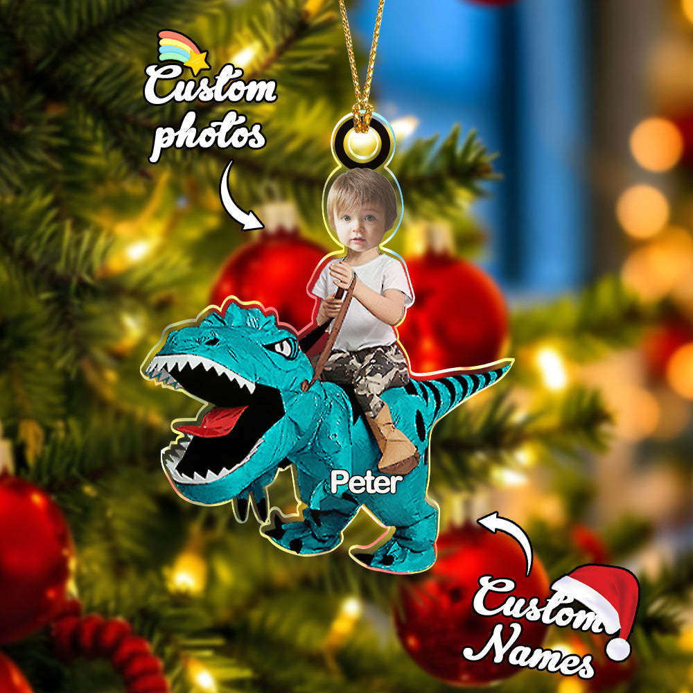 Personalized Cute Kid Rides The Dinosaurus Ornament with Name Christmas Ornament Gift - MyPhotoSocksAu