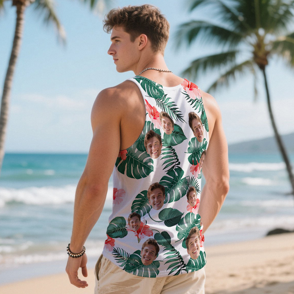 Custom Funny Face Hawaii Tank Tops Tropical Leaves Summer Hawaiian White Tank Tops For Men - MyPhotoSocksAu