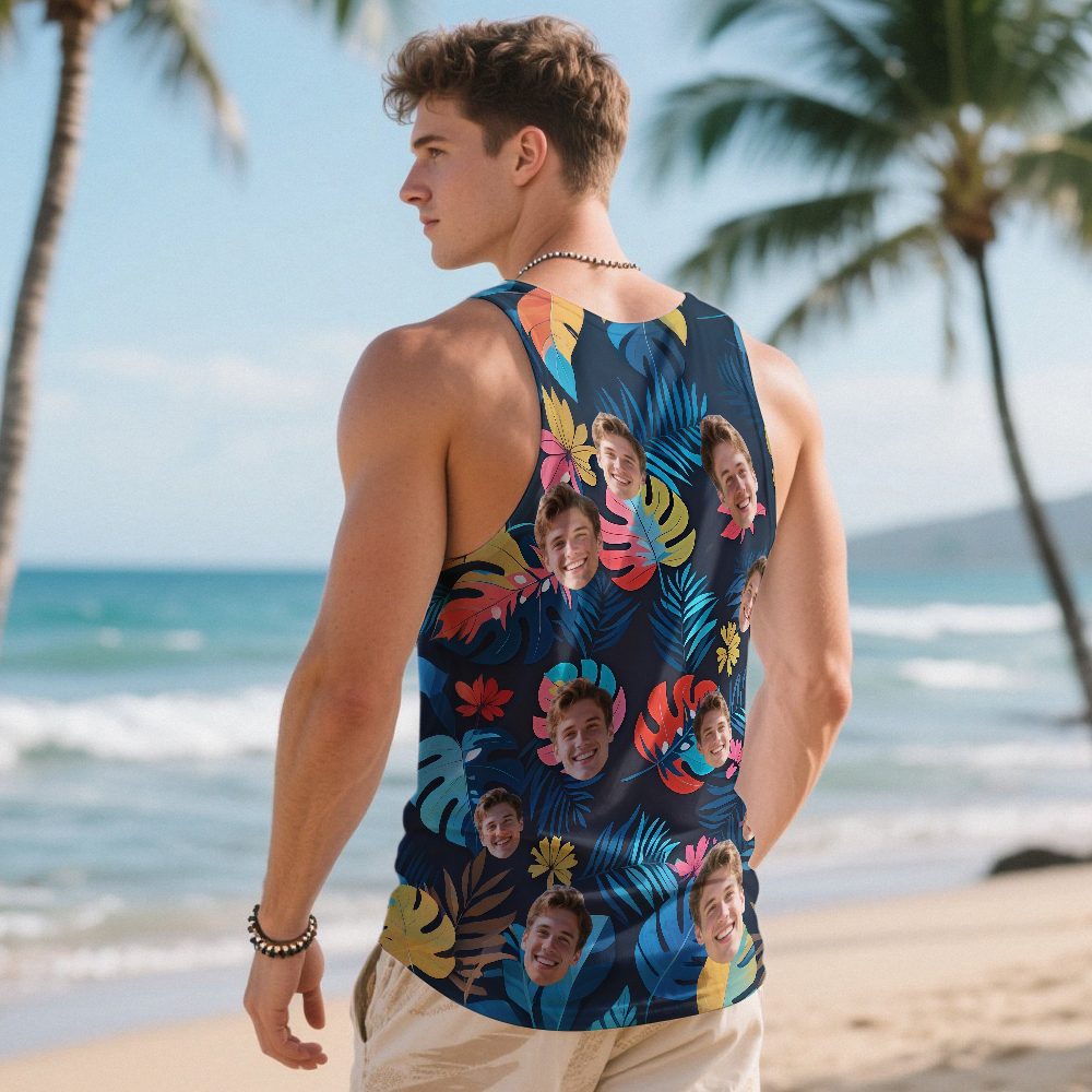 Custom Funny Face Hawaii Tank Tops Tropical Leaves Summer Hawaiian White Tank Tops For Men - MyPhotoSocksAu