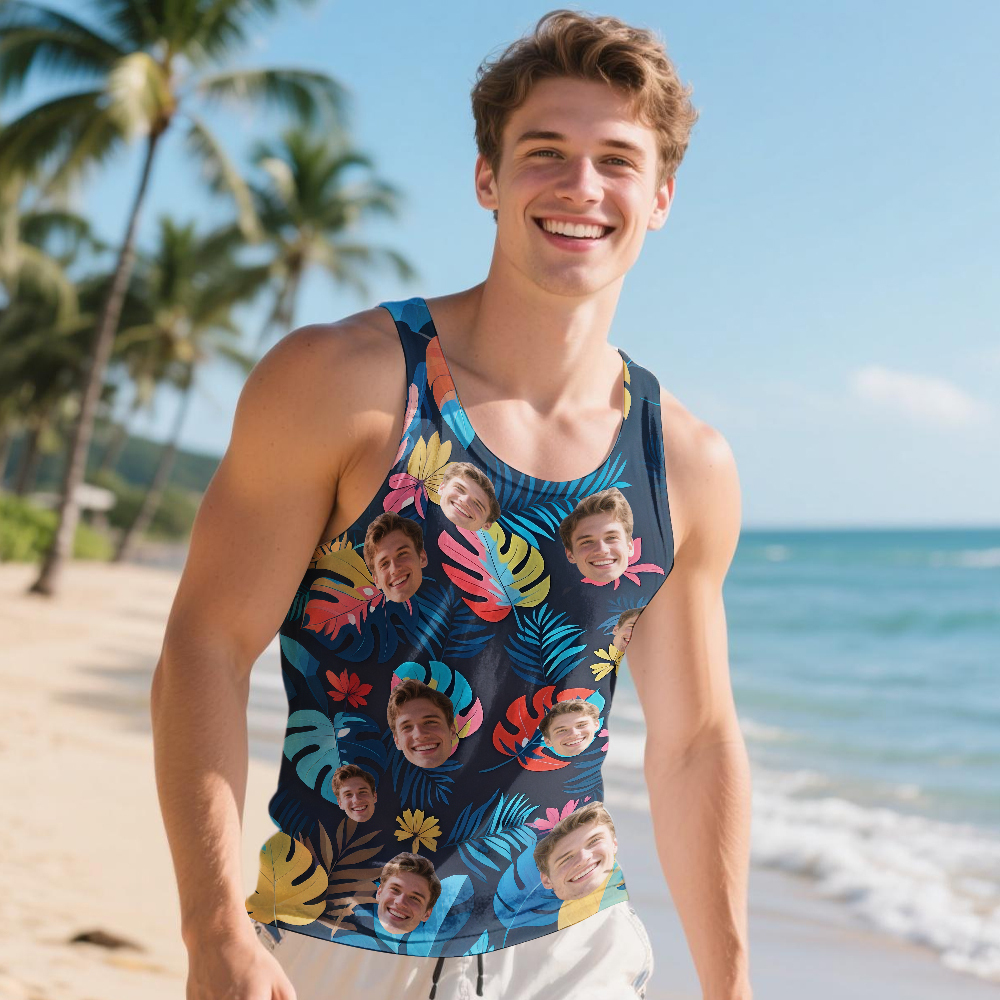 Custom Funny Face Hawaii Tank Tops Tropical Leaves Summer Hawaiian White Tank Tops For Men - MyPhotoSocksAu