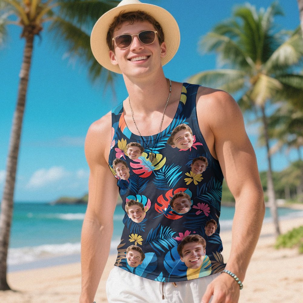 Custom Funny Face Hawaii Tank Tops Tropical Leaves Summer Hawaiian White Tank Tops For Men - MyPhotoSocksAu