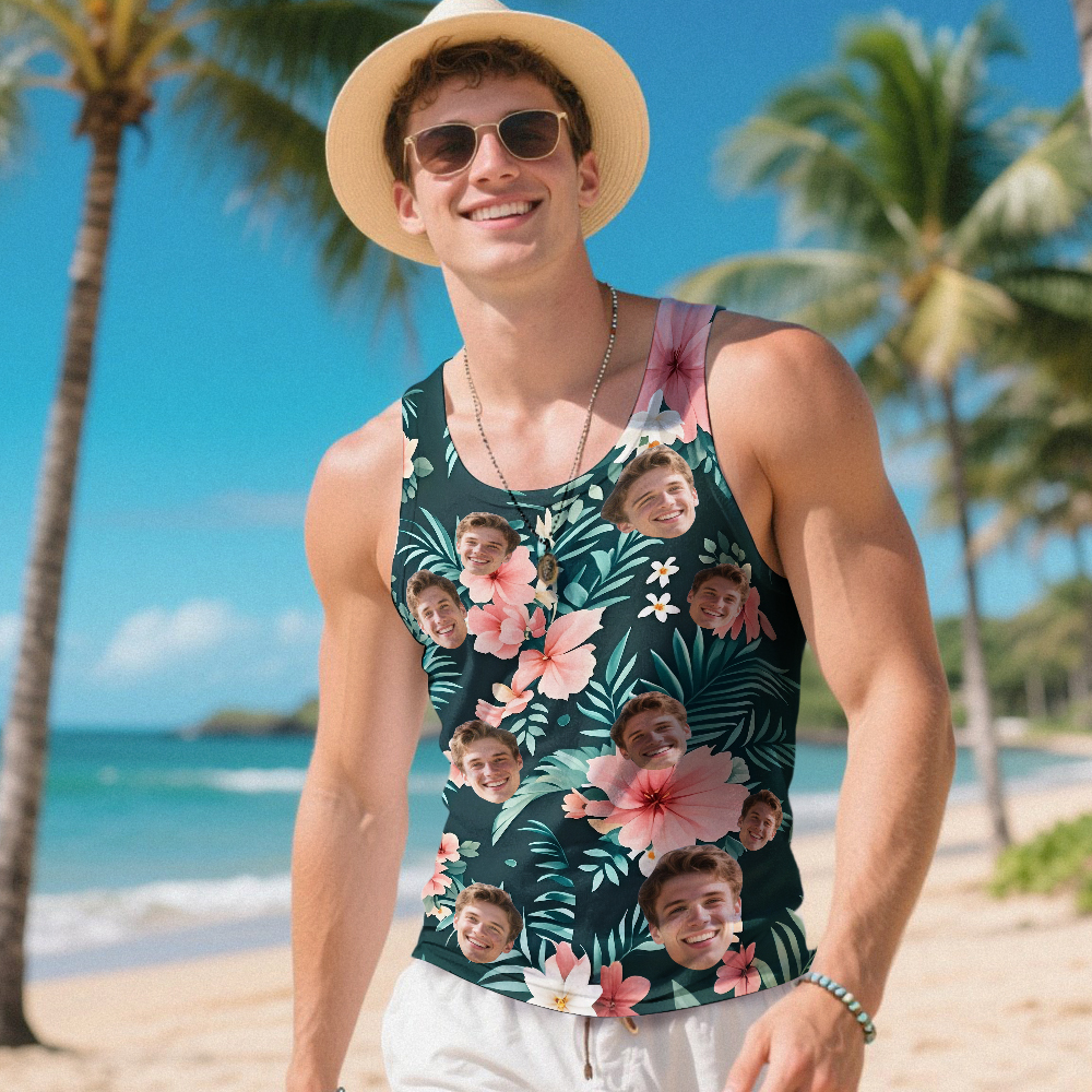 Custom Funny Face Hawaii Tank Tops Tropical Leaves Summer Hawaiian White Tank Tops For Men - MyPhotoSocksAu