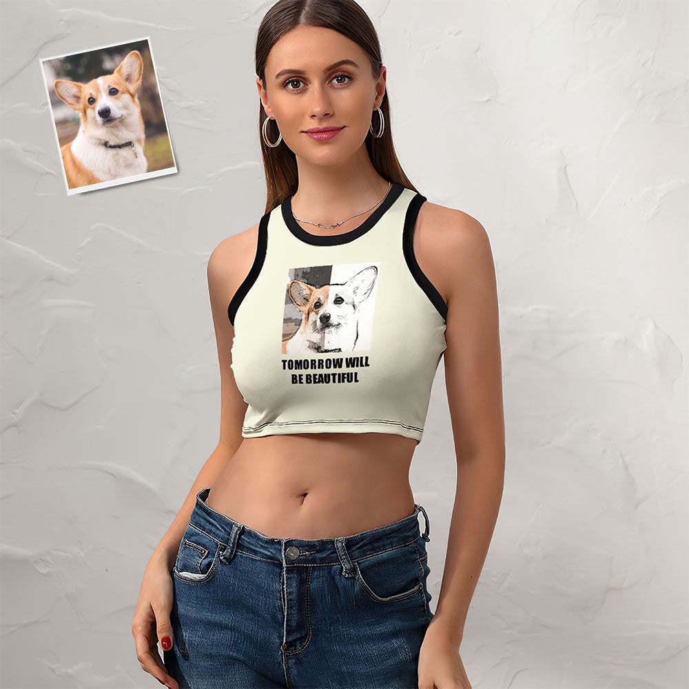 Custom Dog Face Ladies Short Racer Vest Comic Lines Crop Top - My Photo Socks AU